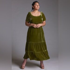 By Anthropologie Velvet Empire Waist Midi Dress - Moss Green - Size 16W - NWT